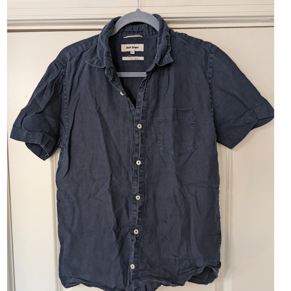 Just Jeans mens Navy Blue 100% Linen Short Sleeve Button Up Shirt XS Coastal